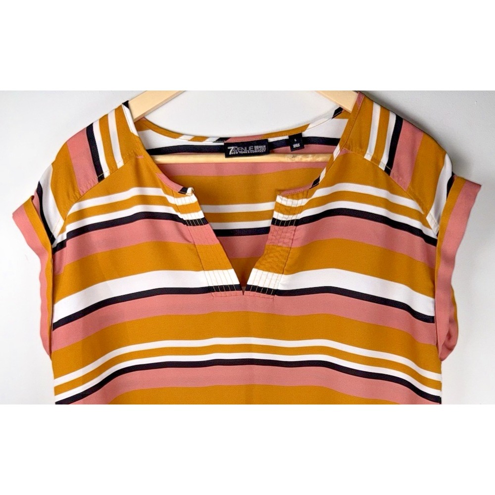 7th Avenue Design Studio Short Sleeve Neutral Stripe Blouse Peasant Womens Large - Picture 3 of 10